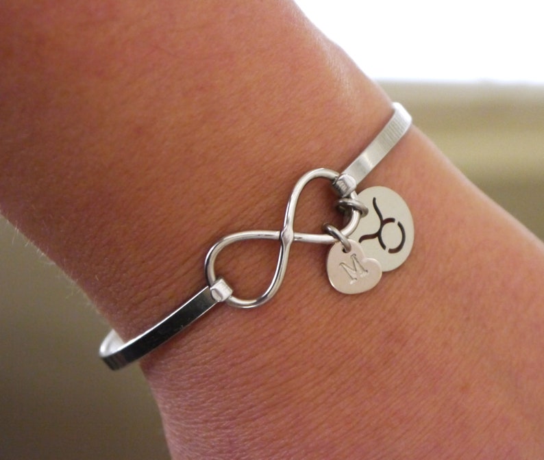 Taurus Bracelet, Taurus Gifts for Women, Taurus Infinity Bangle, Zodiac Gifts, Taurus Jewelry, Taurus Bracelet with Initial Heart, Custom image 2