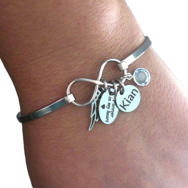 Personalized Memorial Bracelet, Angel Wing Infinity Bangle, Custom Name Disc, Birthstone, Forever in my heart, Sympathy Gifts, Remembrance