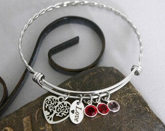Family Tree Bracelet Birthstones, Personalized, Grandma Jewelry, Mothers Day Love Gifts, Custom Grandmother Bangle, Engraved Name, Mimi, Oma