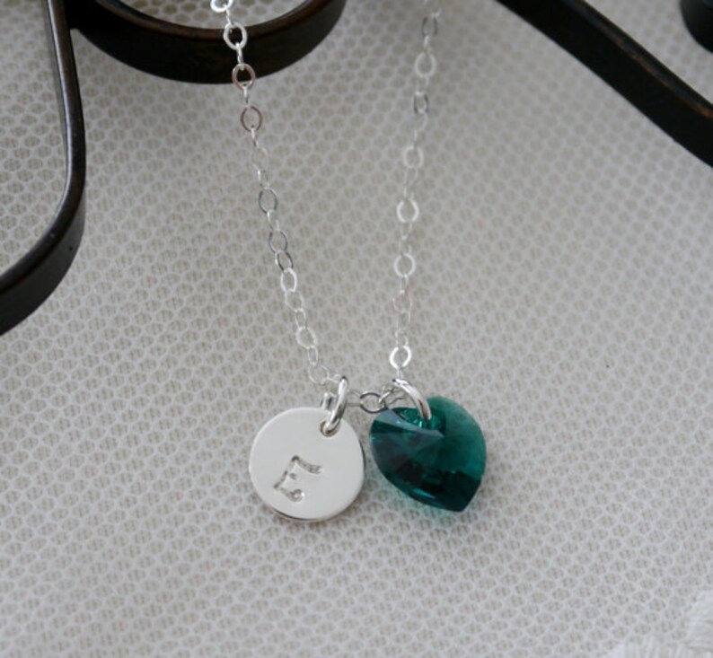 Initial Disc Heart Birthstone Initial Heart Necklace Heart Initial Necklace Heart Birthstone Custom Letter Birthstone Dainty Initial