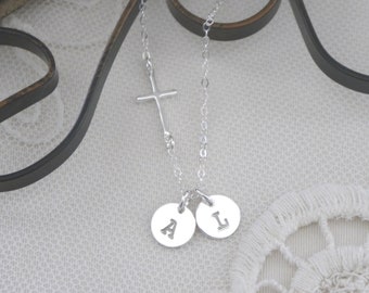 Sterling Silver Cross Necklace, Cross Necklace Women, Sideways Cross Necklace, Cross Link Necklace, with Initial Discs, Personalized, Custom