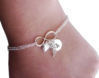 Angel Wing Infinity Bracelet, Sterling Silver, Personalized, Initial Disc, Heart, Remembrance Gifts, Memorial Gifts, Sympathy Gifts, Dainty