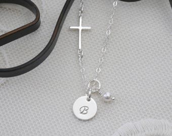 Sterling Silver Cross Necklace, First Communion Necklace, Confirmation Gifts, Sideways Cross Initial Necklace