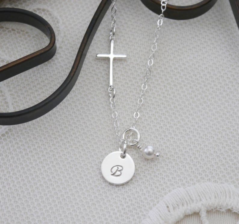 Sterling Silver Cross Necklace, First Communion Necklace, Confirmation Gifts, Sideways Cross Initial Necklace image 1