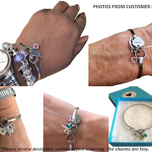 May include: A collection of silver charm bracelets with various charms, including hearts, leaves, and crystals. One bracelet is displayed in a blue box. The text "PHOTOS FROM CUSTOMER REVIEWS" and "*Please review description section before ordering. The charms are tiny." are visible.