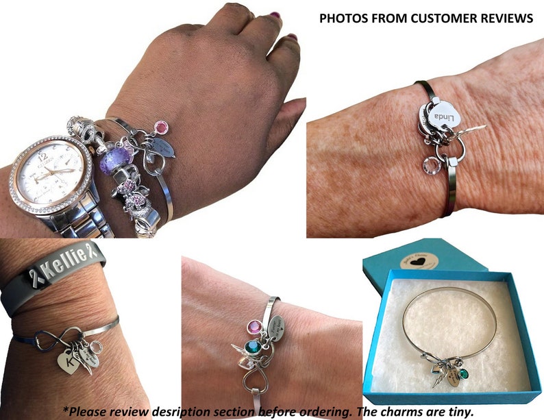 May include: A collection of silver charm bracelets with various charms, including hearts, leaves, and crystals. One bracelet is displayed in a blue box. The text "PHOTOS FROM CUSTOMER REVIEWS" and "*Please review description section before ordering. The charms are tiny." are visible.