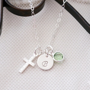 Cross Initial Necklace, Personalized Cross Initial Necklace, First Communion Necklace, Sterling Silver Cross Necklace, Baptism Gifts, Dainty