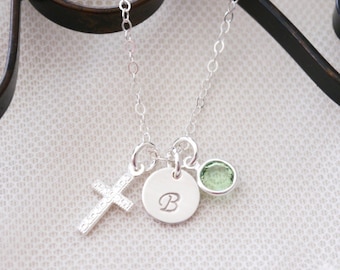 Cross Initial Necklace, Personalized Cross Initial Necklace, First Communion Necklace, Sterling Silver Cross Necklace, Custom, Dainty