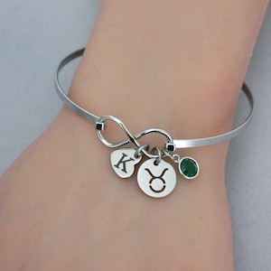 Taurus Bracelet Personalized, Initial Heart and Birthstone, Zodiac Infinity Bangle, Taurus Zodiac Jewelry, Astrology Gifts, Custom Unique