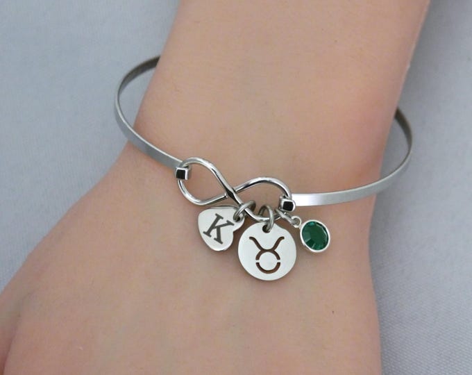 Taurus Bracelet Personalized, Initial Heart and Birthstone, Zodiac Infinity Bangle, Taurus Zodiac Jewelry, Astrology Gifts, Custom Unique