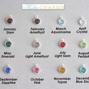 May include: A collection of silver-toned charms with various colored gemstones, including red, green, blue, and pink. Each charm is labeled with a month and gemstone name, such as "January Siam" and "September Sapphire". The brand name "Macie's CHARMS" is at the top.