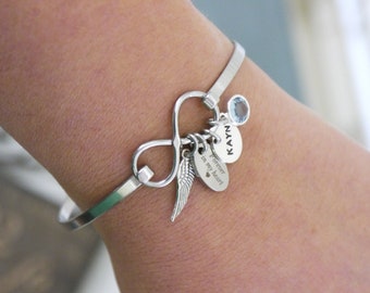 Angel Wing Infinity Bracelet, Personalized Wing Bracelet, Forever in my heart, Name Disc Bracelet, Memorial Gifts, Birthstone Bracelet