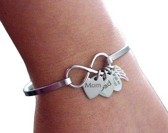 Mom & Dad Loss Gift, Two Custom Names, Loss of Parents Memorial Gift, Infinity, With me Always, Angel Wing, Memorial Bracelet, Sympathy Gift