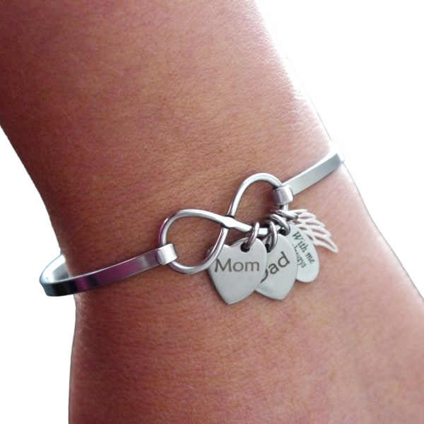 Mom & Dad Loss Gift, Two Custom Names, Loss of Parents Memorial Gift, Infinity, With me Always, Angel Wing, Memorial Bracelet, Sympathy Gift