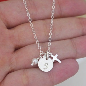 Tiny Cross Initial Necklace: Personalized Pearl Birthstone Charm Monogram Letter Disc, Girl Baptism, Dainty