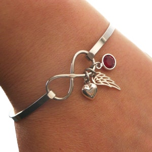 Angel Wing Infinity Bracelet with Birthstones, Memorial Bangle, Miscarriages Gift, Bereavement, Remembrance, Multiple Losses, Personalized