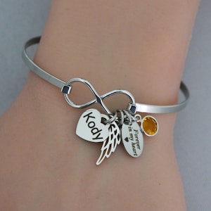 Angel Wing Infinity Bracelet Personalized Birthstone Name Heart, Forever in my heart, Memorial Gifts, Bereavement, Sympathy, Custom