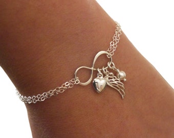 Sterling Silver Angel Wing Bracelet, Angel Wing Infinity Bracelet, Wing Heart Bracelet, 1 2 3 Birthstone Bracelet, Dainty, Personalized