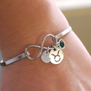 Taurus Bracelet, Taurus Gifts for Women, Taurus Infinity Bangle, Zodiac Gifts, Taurus Jewelry, Taurus Bracelet with Initial Heart, Custom