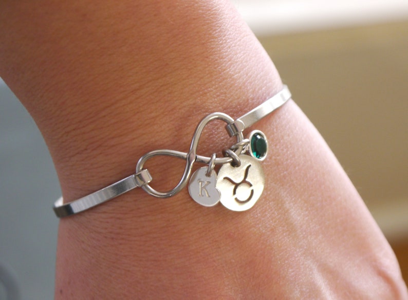 Taurus Bracelet, Taurus Gifts for Women, Taurus Infinity Bangle, Zodiac Gifts, Taurus Jewelry, Taurus Bracelet with Initial Heart, Custom image 1