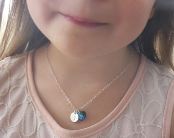 Personalized Girl Necklace, Birthstone Initial Necklace, Girl Initial Heart Birthstone, Girl Jewelry Gifts, Personalized, Sterling Silver