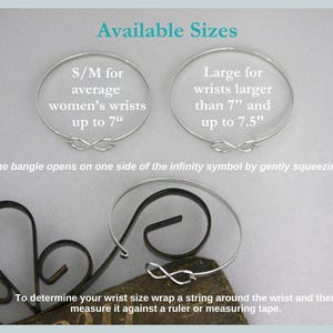 May include: Two silver bangles with infinity symbol clasps are displayed, labeled "S/M for average wrists up to 7"" and "Large for wrists larger than 7" and up to 7.5"". The text explains how to measure wrist size for a proper fit.