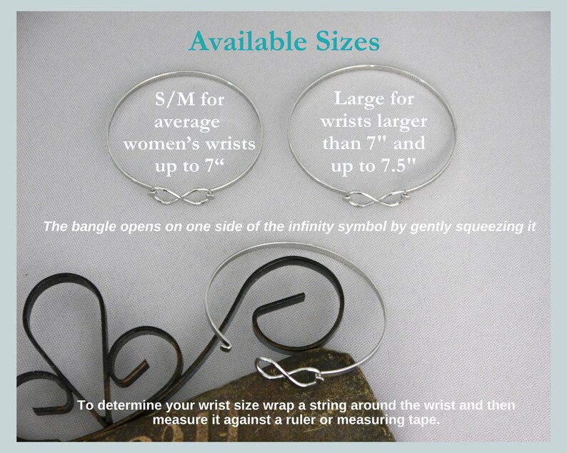May include: Two silver bangles with infinity symbol clasps are displayed, labeled "S/M for average wrists up to 7"" and "Large for wrists larger than 7" and up to 7.5"". The text explains how to measure wrist size for a proper fit.