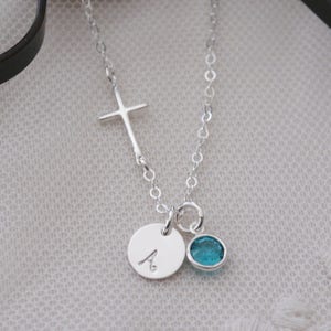 Sterling Silver Cross Necklace, First Communion Necklace, Confirmation Gifts, Sideways Cross Initial Necklace image 2