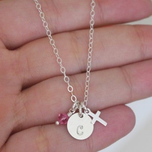 Dainty Cross Necklace, Personalized Cross Necklace, Cross Initial Birthstone, First Communion Gifts, Baptism Gifts, for Girls, Cross Pearl image 2