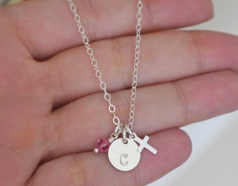 Dainty Cross Necklace, Personalized Cross Necklace, Cross Initial Birthstone, First Communion Gifts, Baptism Gifts, for Girls, Cross Pearl image 2