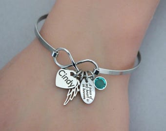 Personalized Angel Wing Bracelet Birthstone Engraved Name Heart, Christian Memorial Gifts, Heaven, A piece of my heart, Custom, Infinity