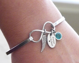 Forever in my Heart Bracelet, Angel Wing Bracelet, Infinity Bangle, Birthstone Bracelet, Memorial Gifts, Remembrance Gifts, Personalized