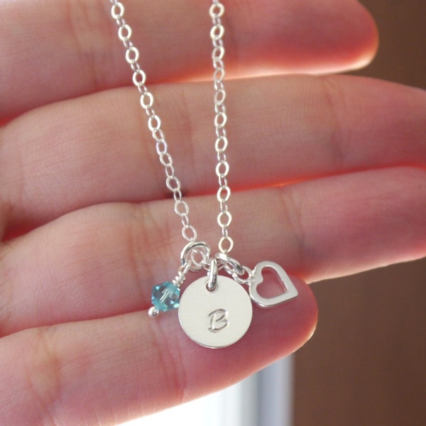 Tiny Heart Initial Necklace, Initial Birthstone Heart Necklace, Tiny Heart Necklace, Personalized Initial Necklace, Dainty, Minimalist