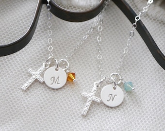 First Communion Gift Girls, Cross Initial Necklace, Sterling Silver Cross Necklace, Baptism Gift, Initial Birthstone, Personalized, Delicate