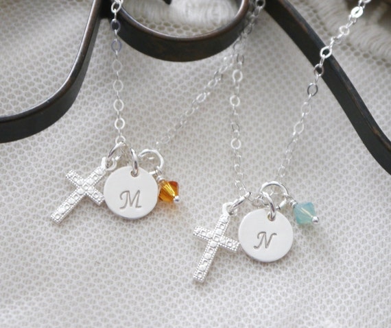 First Communion Gift Girls Cross Initial Necklace Sterling - Etsy