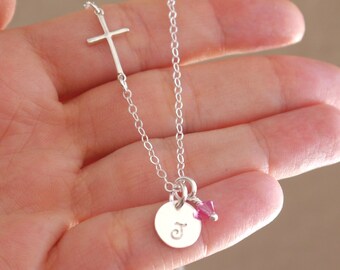 Sterling Silver Cross Necklace, Sideways Cross Necklace, Initial Birthstone Cross, First Communion Gifts Girls, Confirmation Gifts, Custom