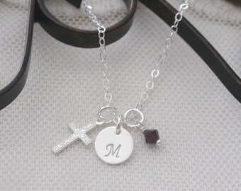 Sterling Silver Cross Necklace, Personalized Initial Birthstone Cross, First Communion Gifts Girls, Baptism Gifts Girls, Holy Communion Gift