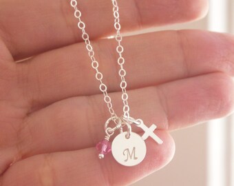 Personalized Cross Necklace, Initial Birthstone Cross, First Communion Gifts, Personalized, Baptism Gifts Girls, Tiny, Simple, Dainty