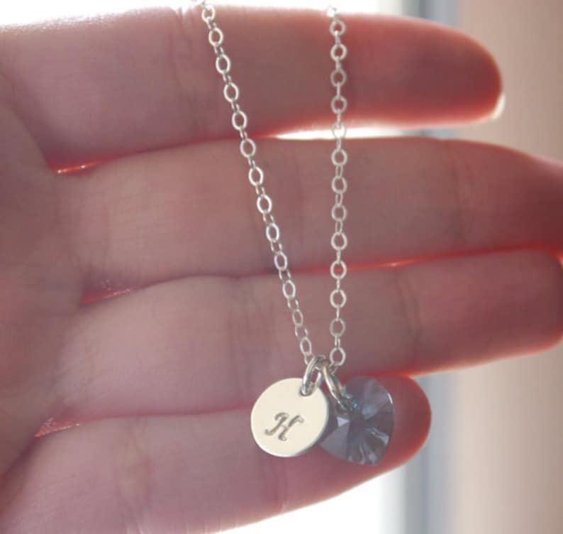 Initial Disc Heart Birthstone Initial Heart Necklace Heart Initial Necklace Heart Birthstone Custom Letter Birthstone Dainty Initial