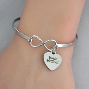 Bible Verse Bracelet, Infinity Bangle, Engraved Heart, Custom Text, Personalized, Encouragement, Faith, Hope, Confirmation, No Tarnish