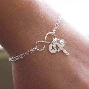 Sterling Silver Cross Bracelet, Cross Infinity Bracelet, Cross Heart Bracelet, Cross Initial Bracelet, Personalized, Confirmation Gift