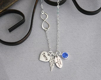 Memorial Necklace, Personalized, Memorial Gifts, Loss Gifts, Infinity Necklace, Angel Wing, Birthstone, Forever in my heart, Custom, Unique