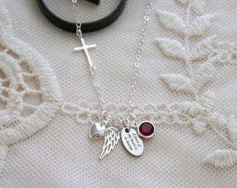 Angel Wing Cross Necklace, Cross Remembrance Necklace, Christian Memorial Gifts, A piece of my heart is in heaven, 1 2 3 Birthstones, Dainty