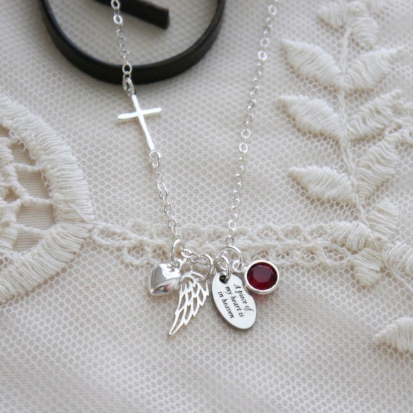 Angel Wing Cross Necklace, Cross Remembrance Necklace, Christian Memorial Gifts, A piece of my heart is in heaven, 1 2 3 Birthstones, Dainty