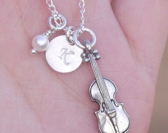 Violin Necklace, Personalized Violin Necklace, Violin Jewelry, Silver Violin Necklace, Violin Gifts, Violin Initial Necklace, Dainty, Custom