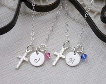 Sterling Silver Cross Necklace, Personalized Cross Necklace, Initial Birthstone Cross Necklace, First Communion Gifts, Baptism Gifts, Girls