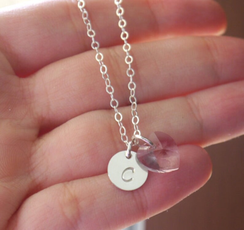 Initial Disc Heart Birthstone Initial Heart Necklace Heart Initial Necklace Heart Birthstone Custom Letter Birthstone Dainty Initial