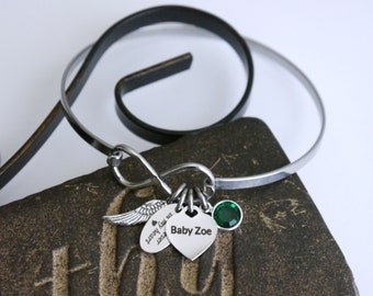 Baby Memorial Gift, Angel Wing Bracelet, Custom, Name and Birthstone, Forever in my heart, Miscarriage Gift, Mommy of an angel, For Infinity