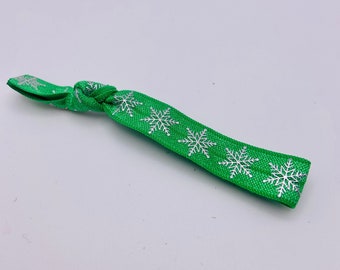 Green with Silver Snowflakes Christmas Ponytail Hair Ties