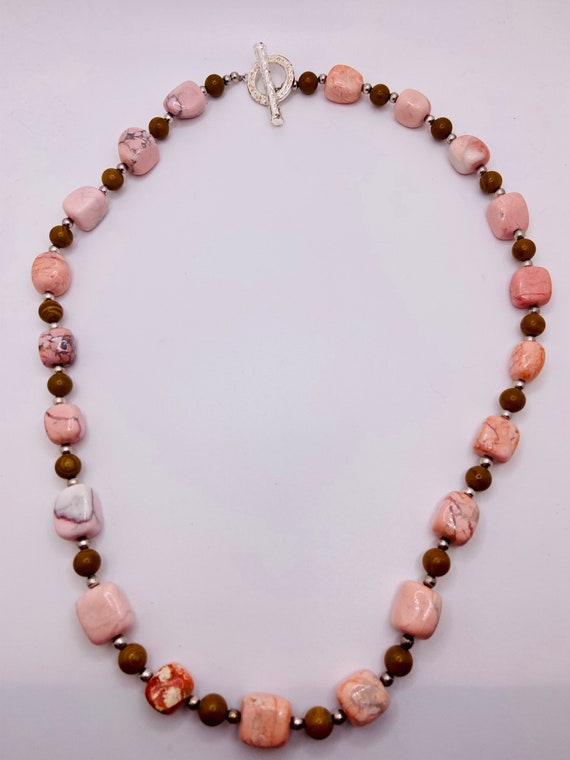 Pink Rhodonite Beaded Necklace With Brown Beads Etsy UK